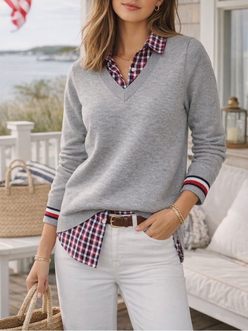 Tommy Hilfiger Layered Sweater Shirt Preppy Americana Nautical Red White Blue S‎